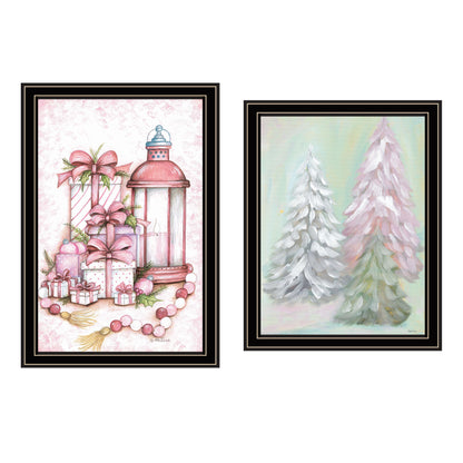 Trendy Decor 4U 2- Piece Vignette Pink Candy Land Christmas Trees Black Framed Wall Art for Living Room, Bedroom Wall Art Print for Home Decor by Mary June