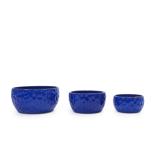 3 Pieces Ceramic Planter Pot, Modern Indoor Outdoor Flowerpot for Patio, Garden, or Windowsills - Antique Blue