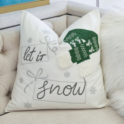 Let It Snow Christmas Throw Pillow – 20x20' Square Cotton Cushion with Green Knit Hat Design and Insert