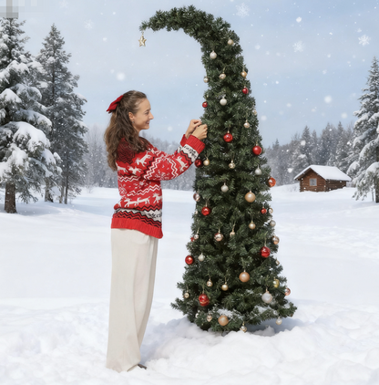 7 ft Prelit Bent Top Christmas Tree, Whimsical Xmas Tree Slim High Mountain Fir with 300 LEDs and Metal Stand