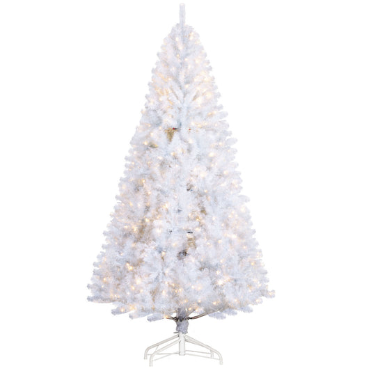 HOMCOM 7.5' Tall Prelit Christmas Tree Douglas Fir Artificial Christmas Tree with Realistic Branches, 500 Warm White LED Lights and 1346 Tips, White