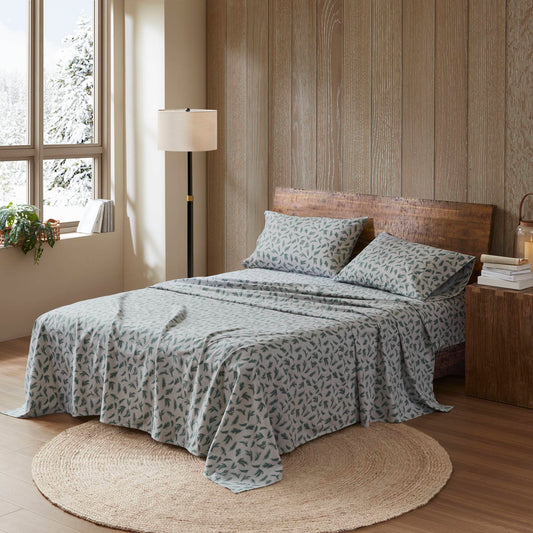 4 Pieces King 100% Cotton Flannel Printed Sheet Set,Pine Branches