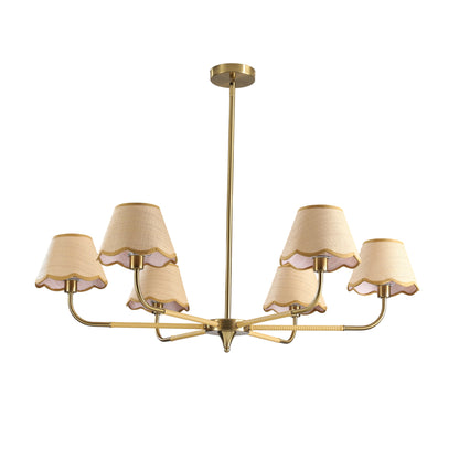 38' Gold 6-lamp Chandelier with Hand-Woven Rattan Lampshade,  Mid-Century Hanging Pendant Light Fixture for Dining Room, Living Room, or Kitchen (Bulb Not Included)