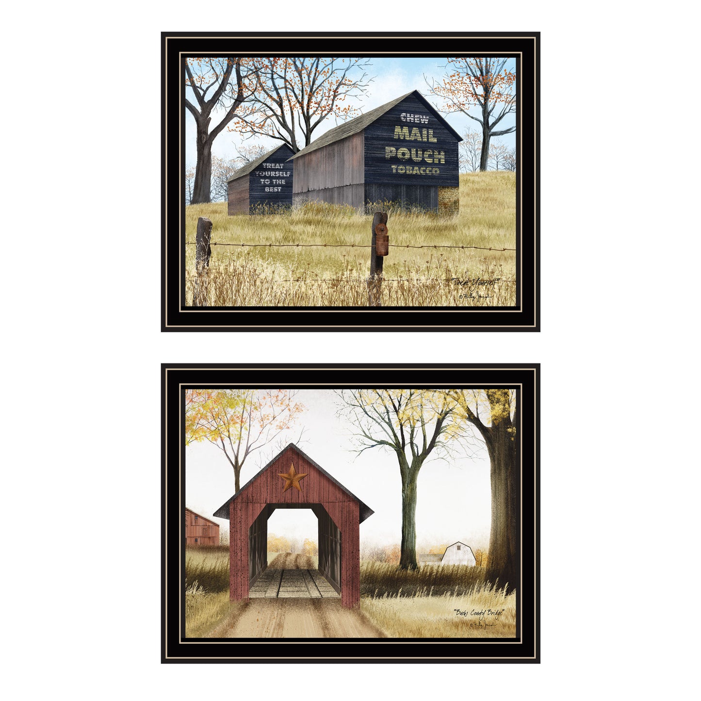 Trendy Decor 4U 2- Piece Vignette Mail Pouch Barn & Buck County Bridge Black Framed Wall Art for Living Room, Bedroom Wall Art Print for Home Decor by Billy Jacobs