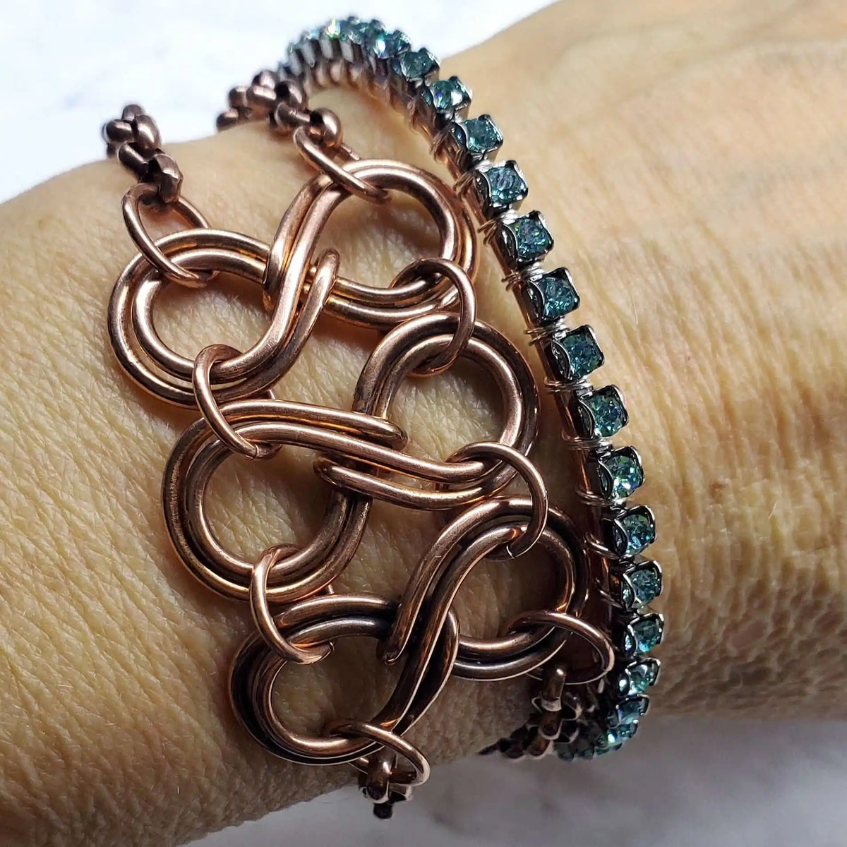Wire Wrapped Turquoise Crystal Tennis Bangle Bracelet