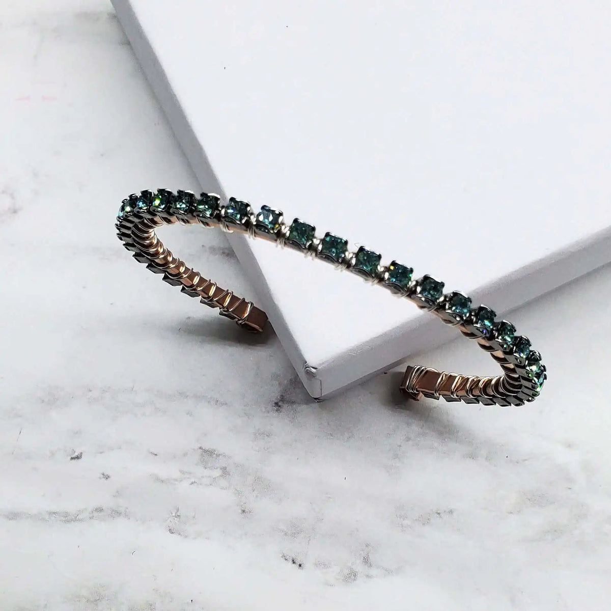 Wire Wrapped Turquoise Crystal Tennis Bangle Bracelet
