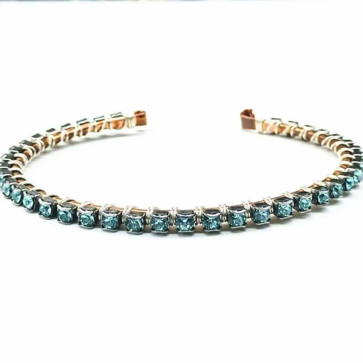 Wire Wrapped Turquoise Crystal Tennis Bangle Bracelet