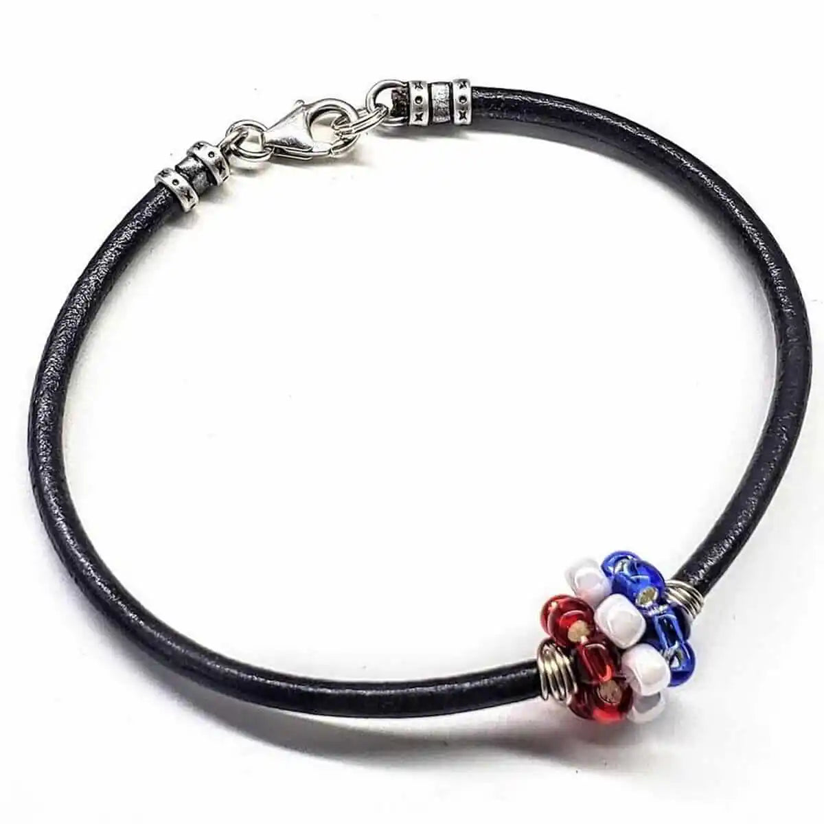 Patriotic Red White Blue Beaded Bead Leather Bracelet