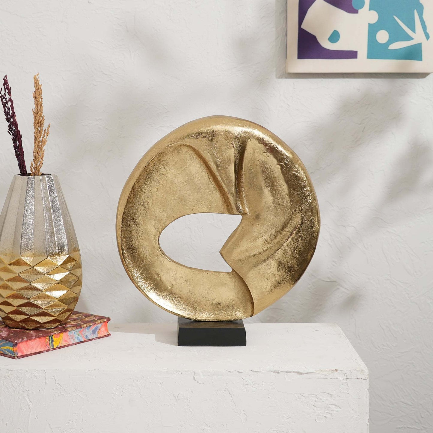 Rustic Circular Flow 15.25' Table Sculpture  Aluminum Décor Art Piece on Black Base