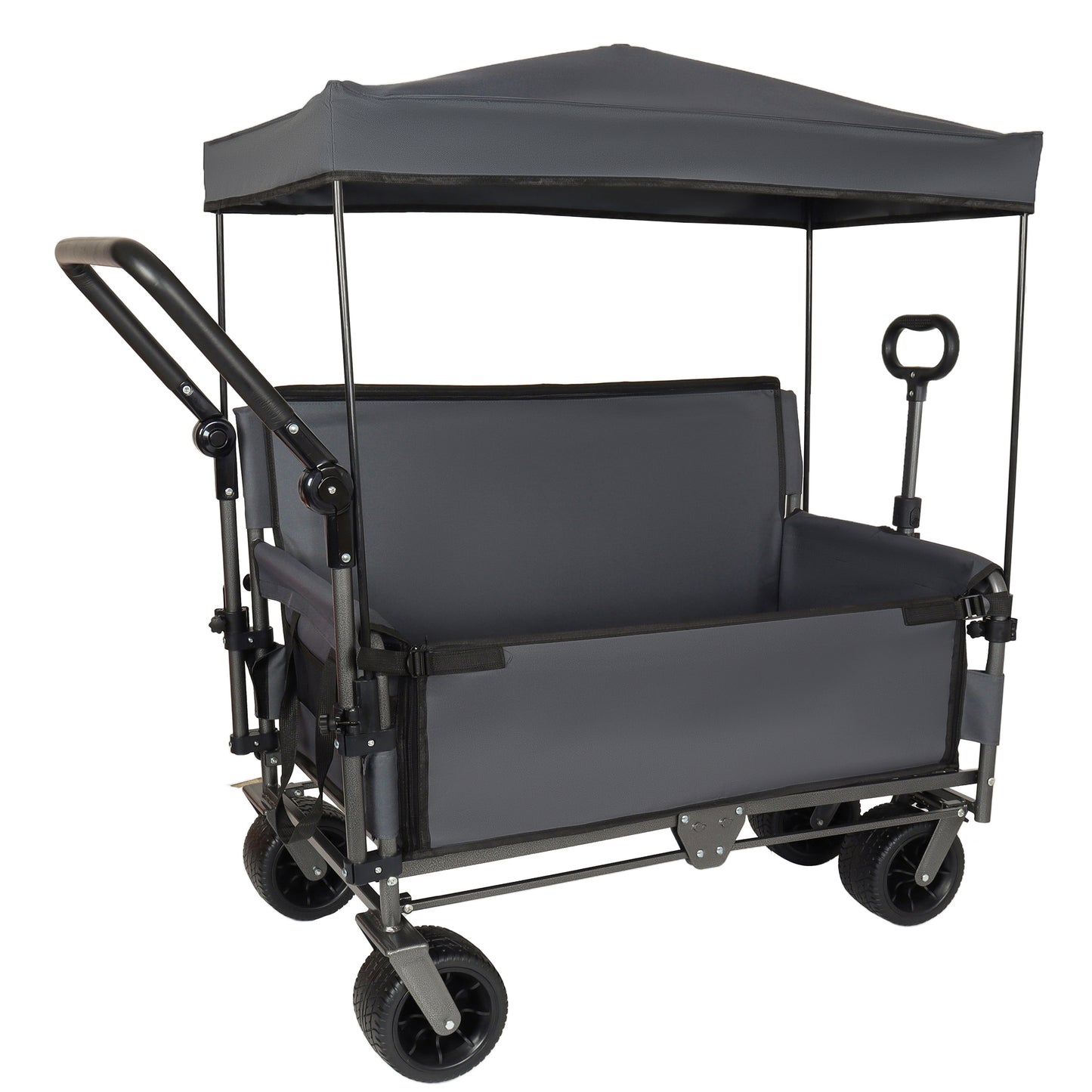 3-in-1 Folding Wagon Cart with Bench Seat & Canopy & Storage, 500lbs Heavy-Duty, 180L Capacity, All-Terrain Wagon for Camping, Beach, Sports, & Garden, Gray