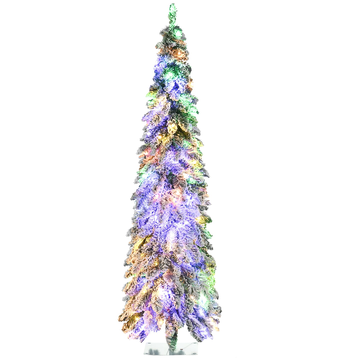 HOMCOM 6ft Tall Prelit Pencil Artificial Christmas Tree Holiday Décor with 407 Snow Flocked Branches, 250 Warm White or Colorful LED Lights, Downswept Shape