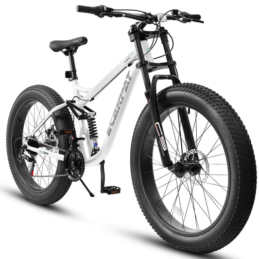 A26309 26 inch Mountain Bike,Full-Suspension 21 Speeds Drivetrain with Disc-Brake MTB Bicycle, 26*4' Fat tire Bike for Men