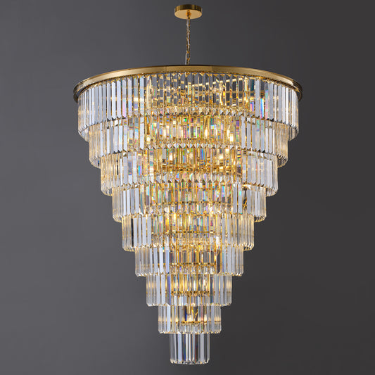 48-Inch Gold Tiered Crystal Tube Chandelier, 45-Light E12 Pendant with 580 Crystal Rods, Mirror-Polished Metal Frame, Adjustable 79' Chain, LED Bulbs Included