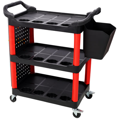 3 Tier Rolling Auto Detail Cart With Wheels,With Bucket & Panel & Hook,for Detailers Garage, Workshop, Repair Shop, Storage Tool,Red&Black