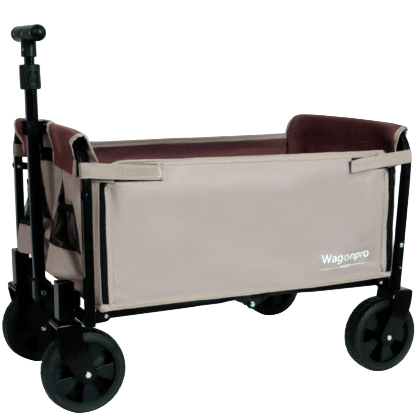 All-in-One Convertible Folding Camping Wagon Cart: Bench Seat, Storage Compartment & Included Dog Tether, Beige/Brown