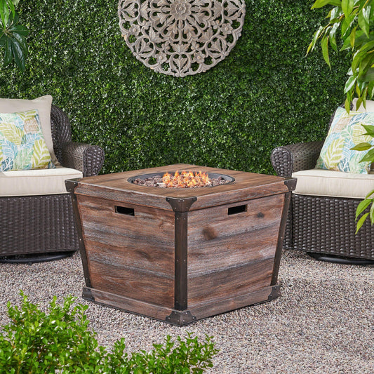 Outdoor Patio 24'' H x 32'' W Square Gas Burning Concrete Fire Pit Wood Pattern - Brown - 40,000 BTU (Tank Inside)