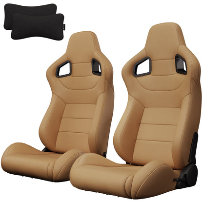 2PC Universal Bucket Racing Seats Red Stitch Red PVC Leather Reclinable Carbon Look Leather Brown With Adjustor Slider(Not Including Seat Bracket ) 1 box of 2 pieces