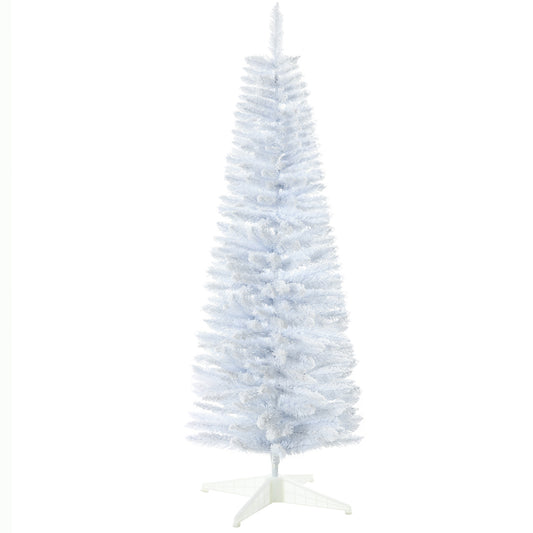 HOMCOM 5' Snow Flocked Artificial Pencil Christmas Tree, Slim Xmas Tree with Realistic Branches and Plastic Base Stand for Indoor Decoration, White