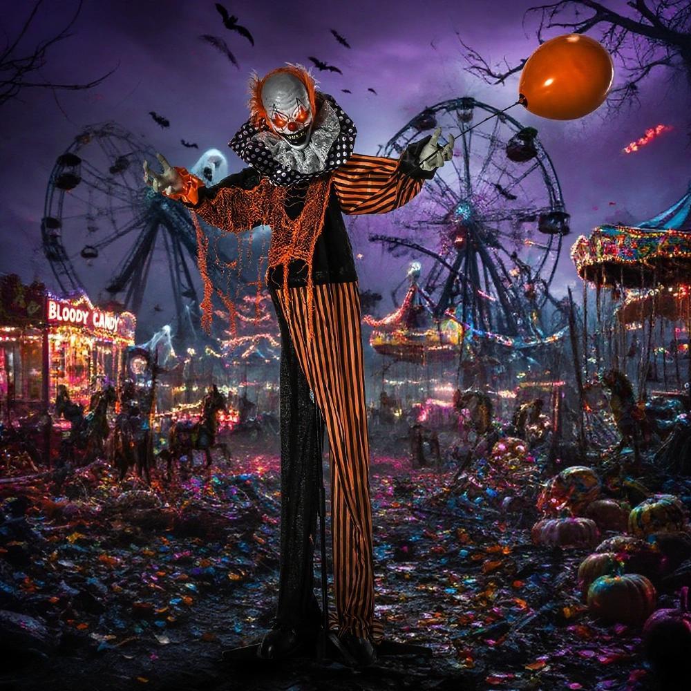 Outdoor Halloween Decorations Talking Circus Clown with A Balloon, Animated Prop with Sound and Motion Activated, Light Up Eyes, Laughter
