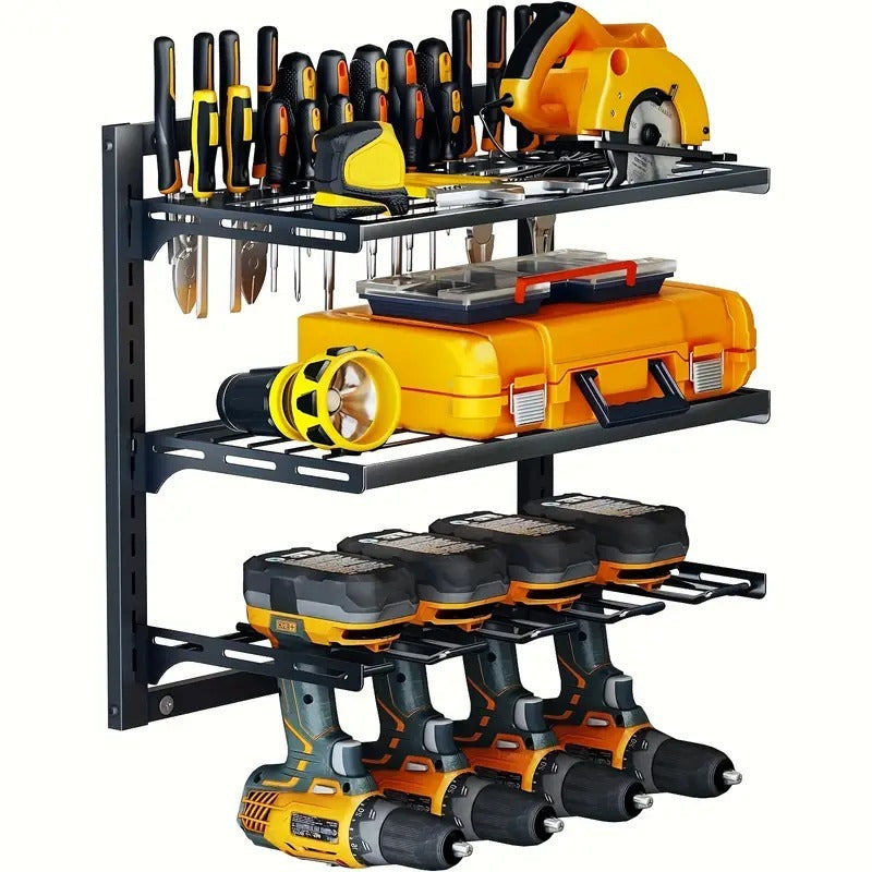 Heavy-Duty Metal Power Tool Organizer Wall Mount, 3-Tier Adjustable Garage Storage Rack, Durable Workshop Shelf for Drills, Screwdrivers, Pliers