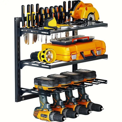 Heavy-Duty Metal Power Tool Organizer Wall Mount, 3-Tier Adjustable Garage Storage Rack, Durable Workshop Shelf for Drills, Screwdrivers, Pliers