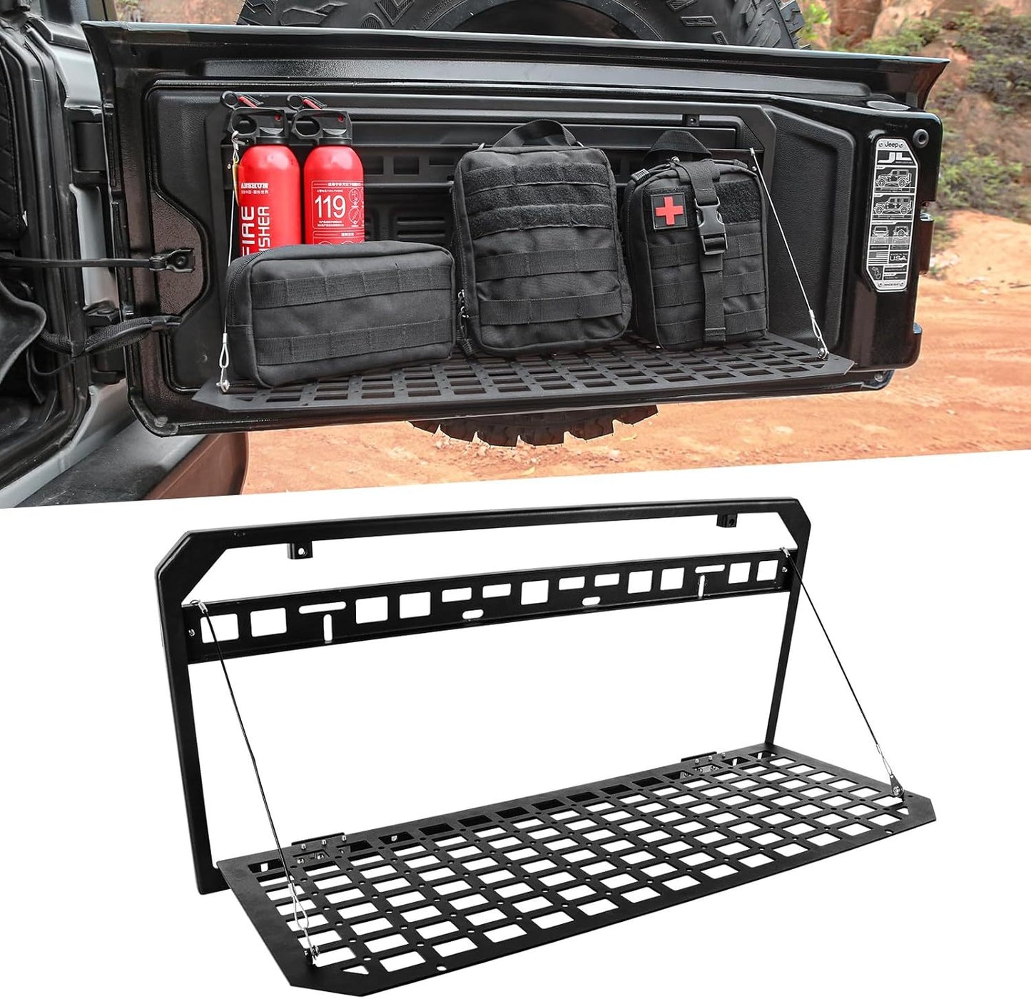 Tailgate Table Foldable Rear Cargo Shelf Compatible with Jeep Wrangler 2007-2018 JK JKU & 2018-2022 JL JLU (Not Fit JK Models with Stock Subwoofer)