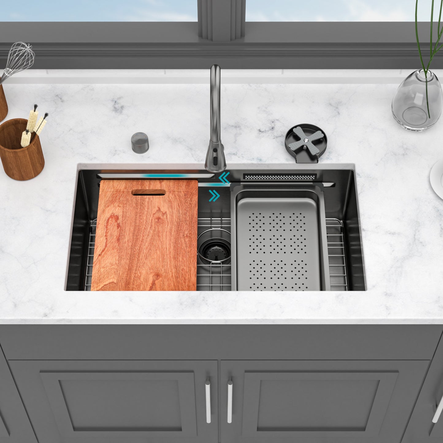 33' Undermount Waterfall Gunmetal Black Kitchen Sink - 33 x 16.72 x 10 inch Single Bowl 16 Gauge Stainless Steel Ledge Workstation Kitchen Sinks with Pull-Down Faucet & Cup Washer