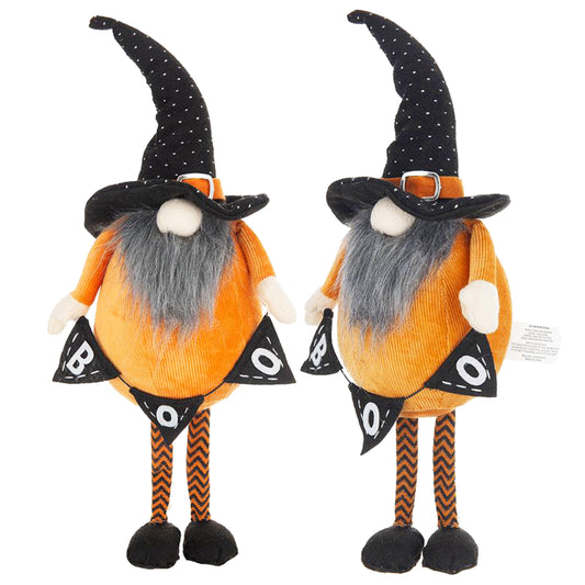 Set of 2, 6.3x4.3x16' Fabric Standing Orange Gnome W/Black Gnome & Holding Banner, for Halloween Decor