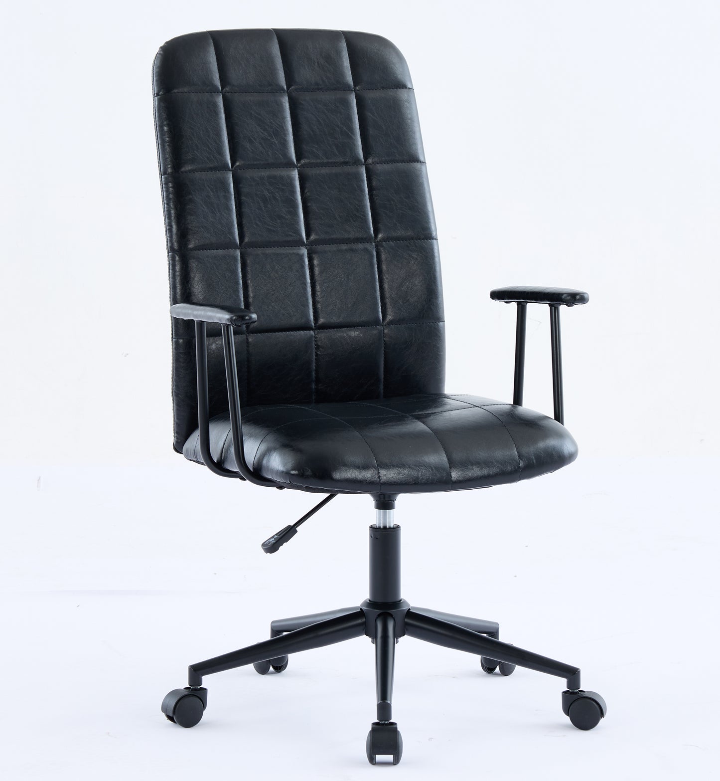 Antique black PU leather color office chair, with armrest, high backrest, soft foam seating, 360 degree swivel , up and down adjustable gaslift,black powder coated frame,five star base, black wheels