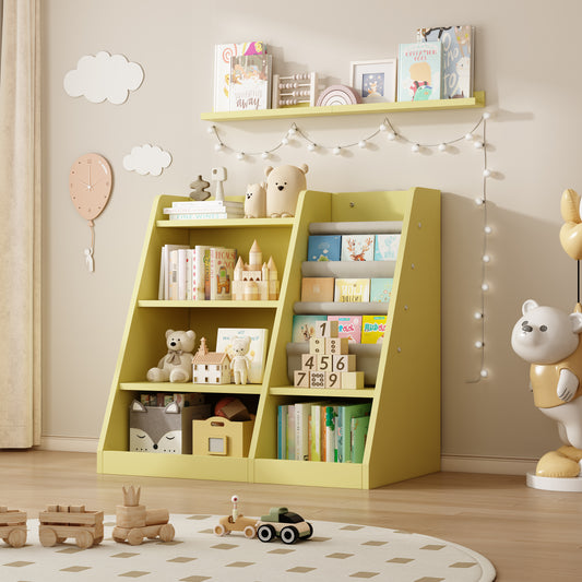 Yellow Wooden Toy Storage Organizer Cabinet Kids Bookshelf  Children Bookcase Toddler Baby Sling Book Rack Shelf for Playroom Bedroom Nursery Hallway School Kindergarten Living Roomy