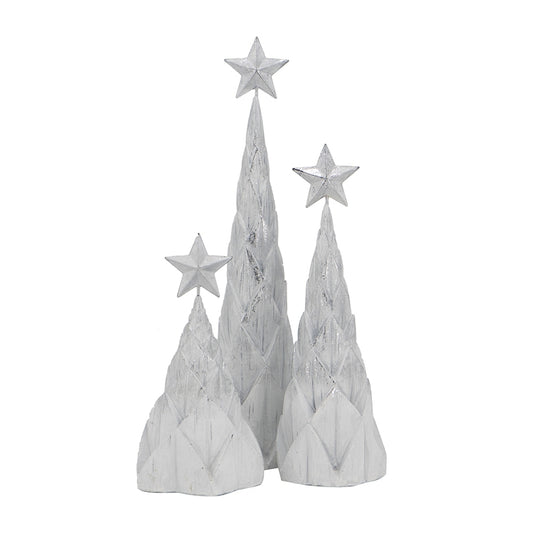 Set of 3 Resin White/Silver Foil Christmas Tree With Star Top, L:4x4x16' M:4x4x12' S:4.5x4.5x8.8'
