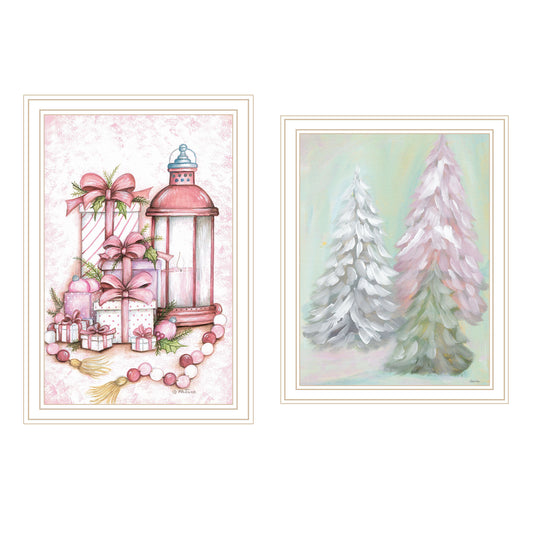 Trendy Decor 4U 2- Piece Vignette Pink Candy Land Christmas Trees White Framed Wall Art for Living Room, Bedroom Wall Art Print for Home Decor by Mary June