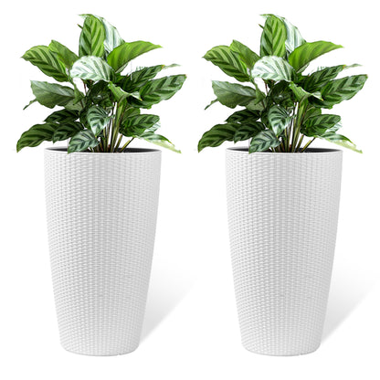 Faux Rattan Tall Planters Set with Water Level Monitor and Automatic Watering, White, Polypropylene, 22 Inch