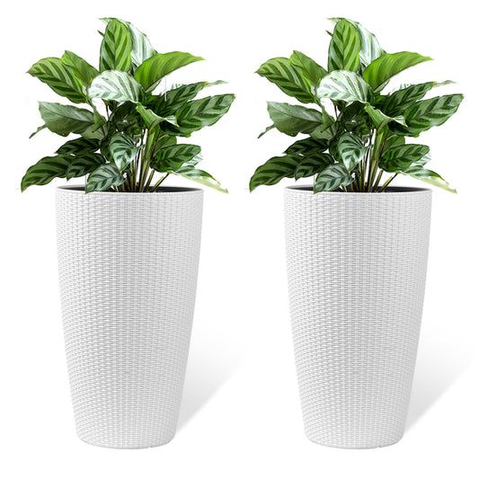 Faux Rattan Tall Planters Set with Water Level Monitor and Automatic Watering, White, Polypropylene, 22 Inch
