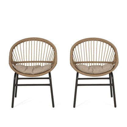 Outdoor Accent Chair with Curved Back and Basket Frame, Set of 2, Light Brown and Beige