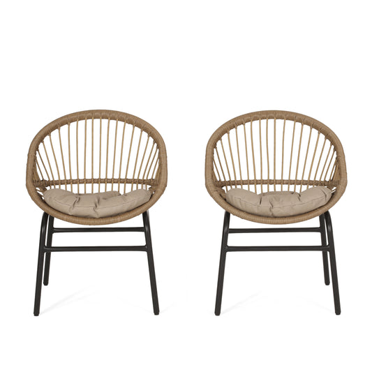 Outdoor Accent Chair with Curved Back and Basket Frame, Set of 2, Light Brown and Beige