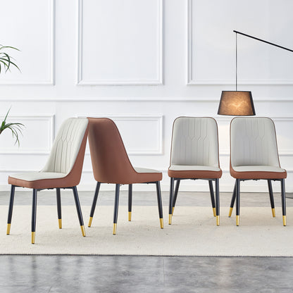 A modern dining chair with a light gray brown dual tone PU leather backrest and black metal legs, suitable for kitchens, bedrooms, and offices. Set of 4 pieces (light gray+brown+PU)C-007 W1151138283