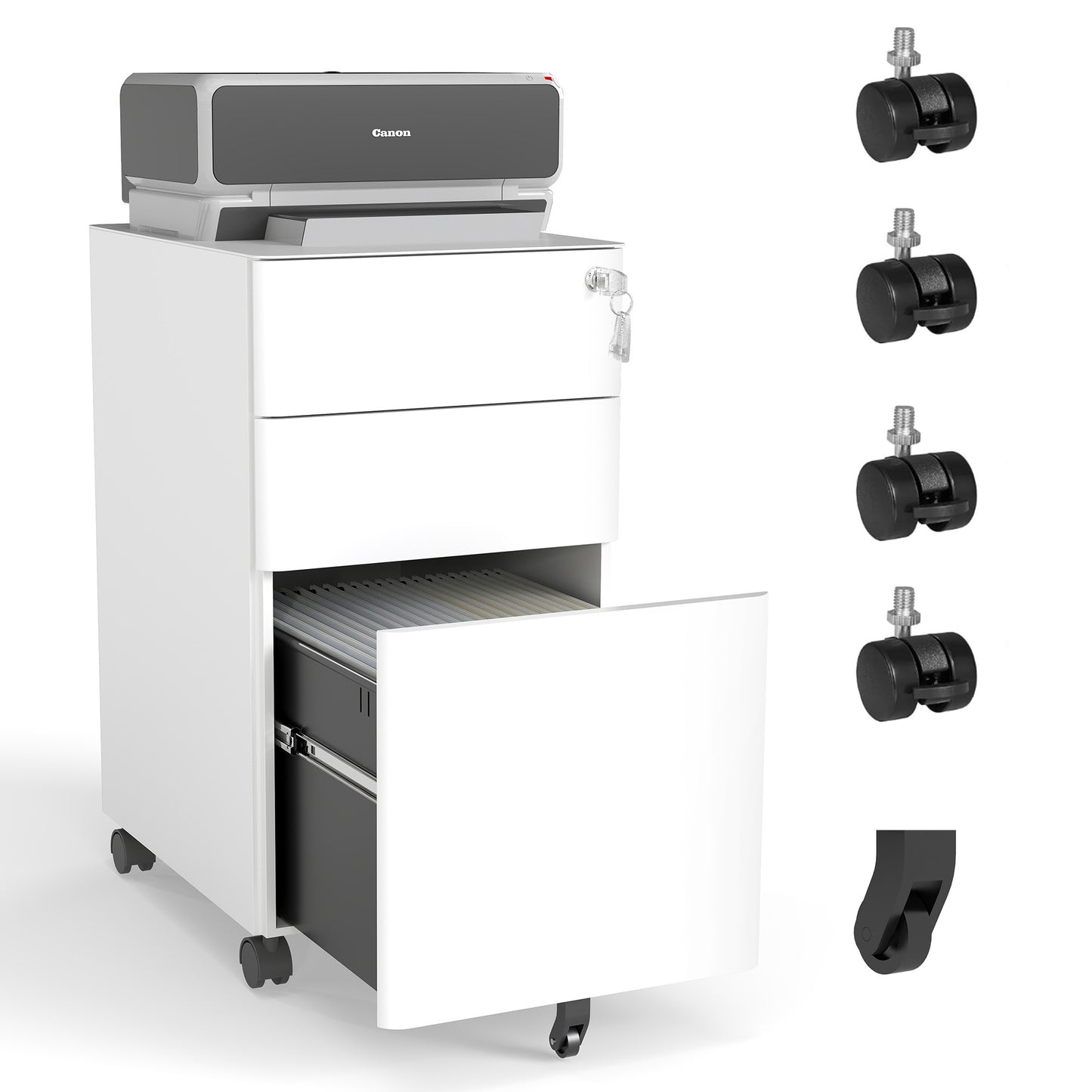 3-Drawer Mobile File Cabinet with Lock, All-Steel Metal Storage on Wheels, Two Shallow & One Deep Drawer for Office/Home, Fully Assembled, White, 110lbs/Drawer, Anti-Tip Design