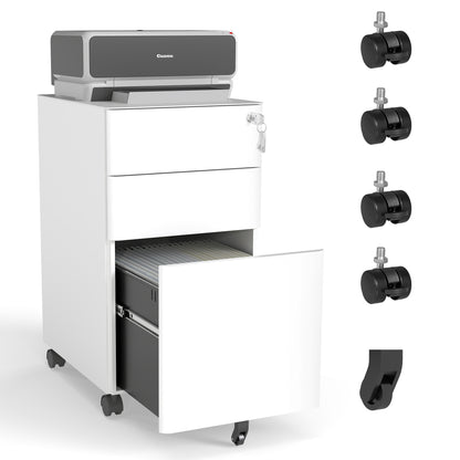 3-Drawer Mobile File Cabinet with Lock, All-Steel Metal Storage on Wheels, Two Shallow & One Deep Drawer for Office/Home, Fully Assembled, White, 110lbs/Drawer, Anti-Tip Design