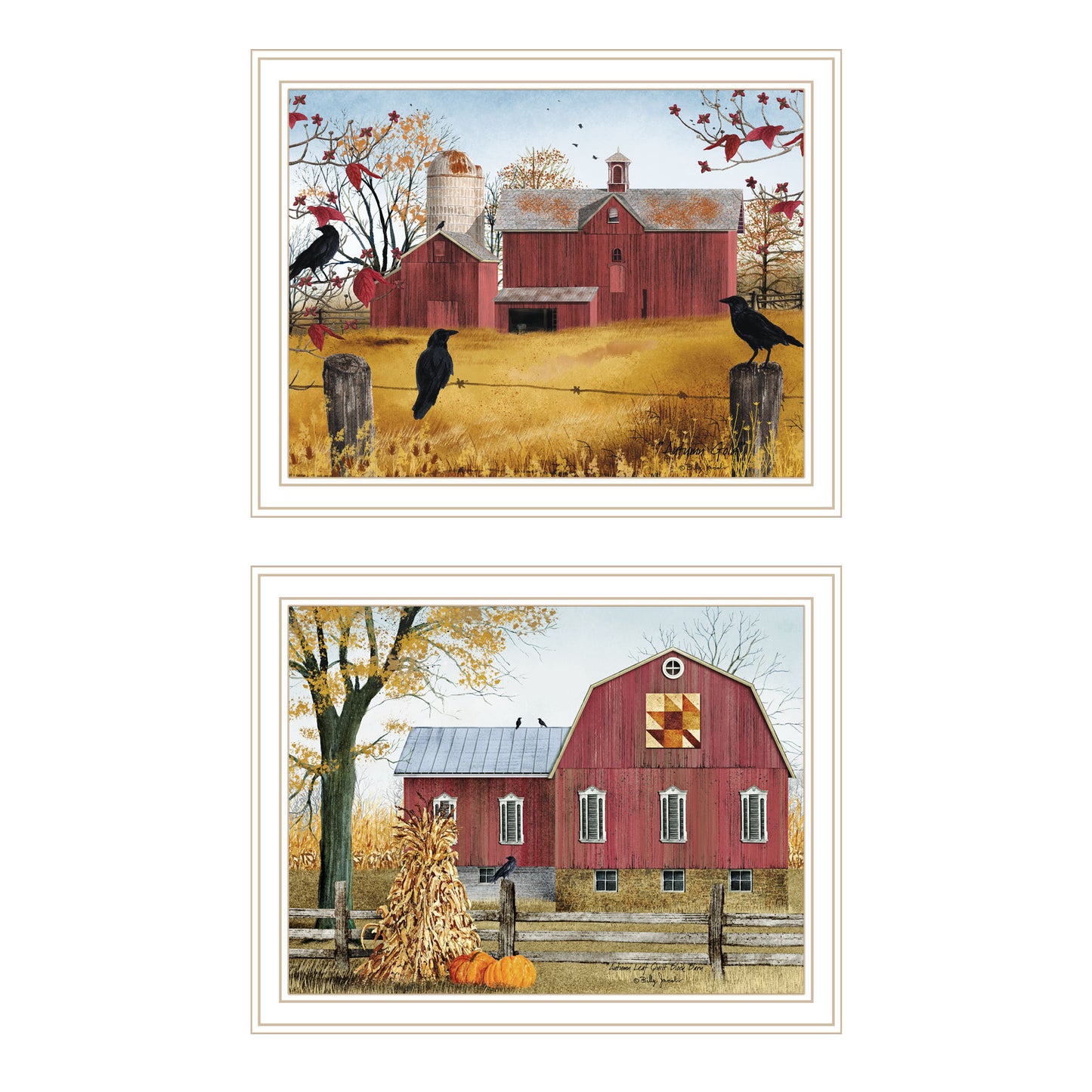 Trendy Decor 4U 2- Piece Vignette Autumn Red Barns White Framed Wall Art for Living Room, Farmhouse Wall Art Print for Home Decor, Bedroom Wall Art by Billy Jacobs