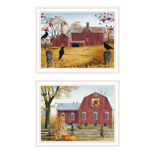 Trendy Decor 4U 2- Piece Vignette Autumn Red Barns White Framed Wall Art for Living Room, Farmhouse Wall Art Print for Home Decor, Bedroom Wall Art by Billy Jacobs