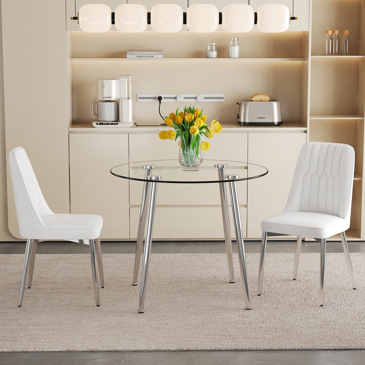 Table and chair set.36 Inch Diameter Modern Luxury Glass Dining Table and Chair Set - Silver Metal Legs.Paired With 2 White Chairs With PU Cushions And Silver Metal Legs.