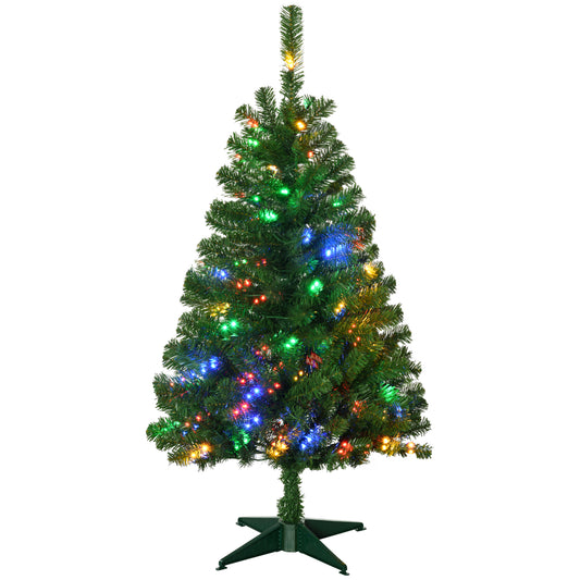 HOMCOM 4ft Tall Prelit Artificial Christmas Tree Holiday Décor with 208 Branches, 100 Warm White or Colorful LED Lights, Auto Open