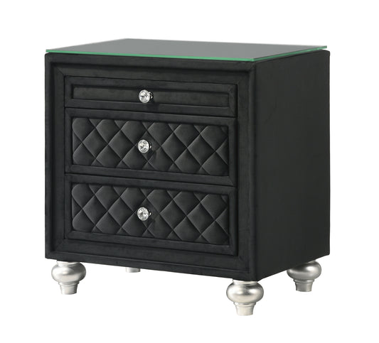 1pc Traditional Glam 3-Drawer Nightstand Velvet Tufted Drawer Front Jewelry Tray Faux Crystal Drawer Knobs Black