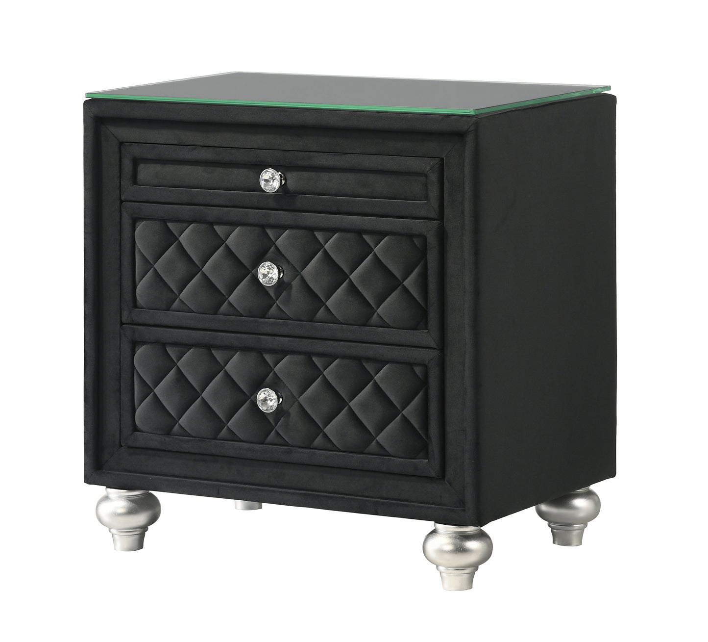 1pc Traditional Glam 3-Drawer Nightstand Velvet Tufted Drawer Front Jewelry Tray Faux Crystal Drawer Knobs Black