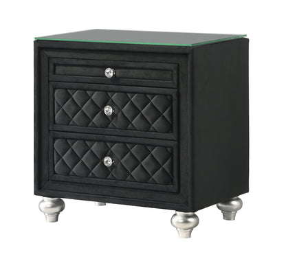 1pc Traditional Glam 3-Drawer Nightstand Velvet Tufted Drawer Front Jewelry Tray Faux Crystal Drawer Knobs Black