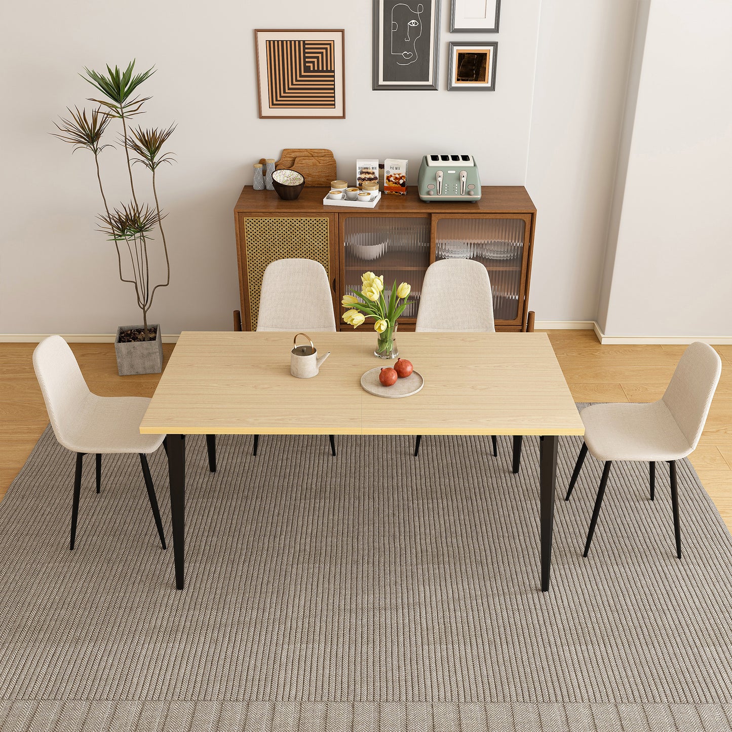 63-inch Farmhouse Industrial Dining Table Set with 4 Beige Dining Chairs, Rust-Resistant Iron Legs, Rectangular Kitchen Table for Dining Room & Patio(4 Chairs)