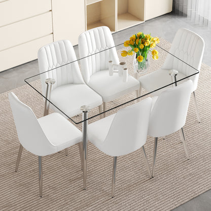 Table and chair set.Modern Luxurious Rectangular Tempered Glass Dining Table Set.Paired with 6 White Chairs With PU Cushions And Silver Metal Legs.