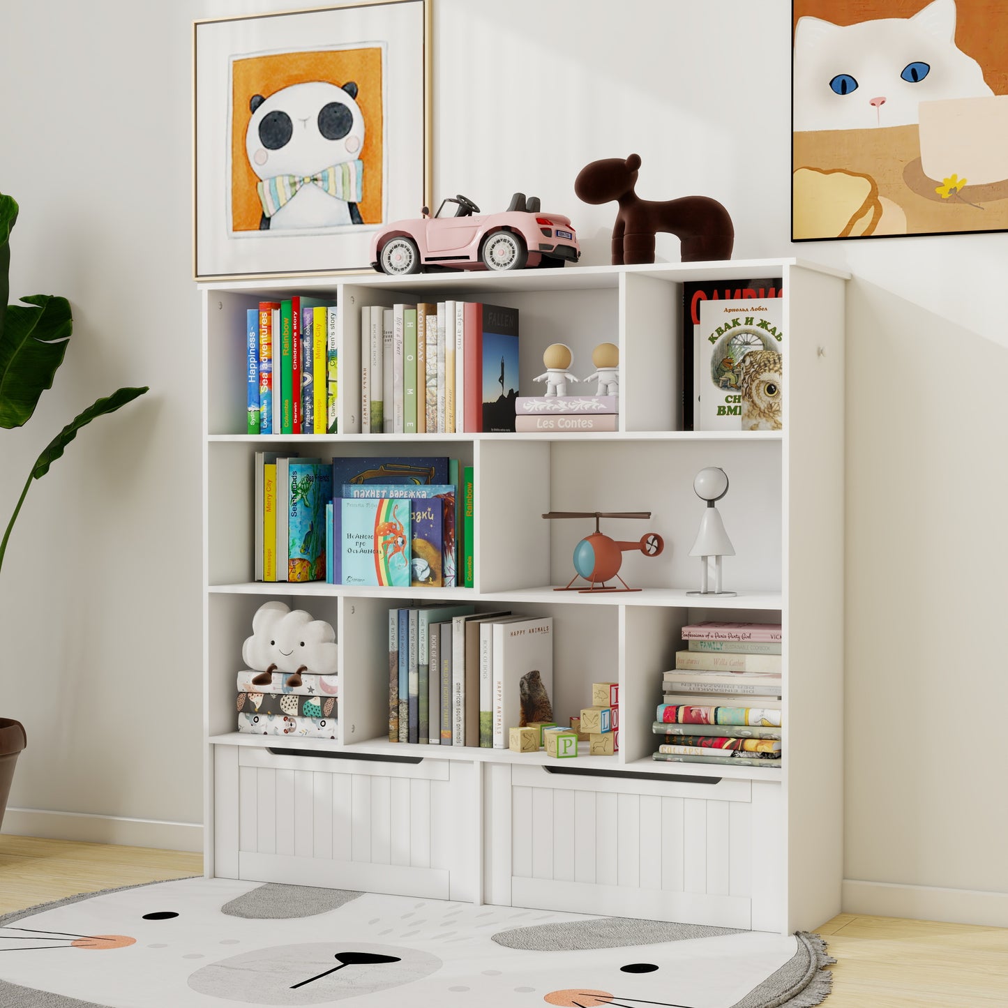 Toy Storage Organizer with 2 Movable Drawers, Multi-Functional 7 Shelf Kids Bookcase with 2 Hooks, Children Book Shelf for Kids Room, Nursery Storage Book Rack for Playroom, Classroom-White