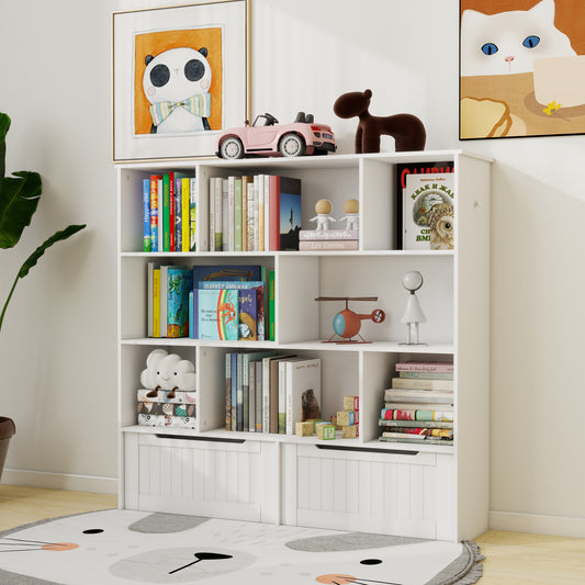 Toy Storage Organizer with 2 Movable Drawers, Multi-Functional 7 Shelf Kids Bookcase with 2 Hooks, Children Book Shelf for Kids Room, Nursery Storage Book Rack for Playroom, Classroom-White